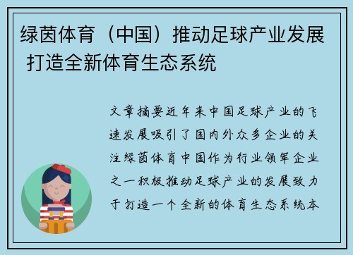 绿茵体育(中国)推动足球产业发展 打造全新体育生态系统 绿茵体育(中国)推动足球产业发展 打造全新体育生态系统