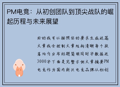 PM电竞：从初创团队到顶尖战队的崛起历程与未来展望