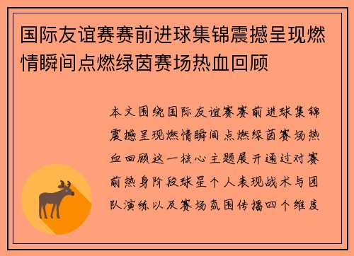 国际友谊赛赛前进球集锦震撼呈现燃情瞬间点燃绿茵赛场热血回顾