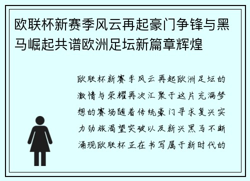 欧联杯新赛季风云再起豪门争锋与黑马崛起共谱欧洲足坛新篇章辉煌 欧联杯新赛季风云再起豪门争锋与黑马崛起共谱欧洲足坛新篇章辉煌